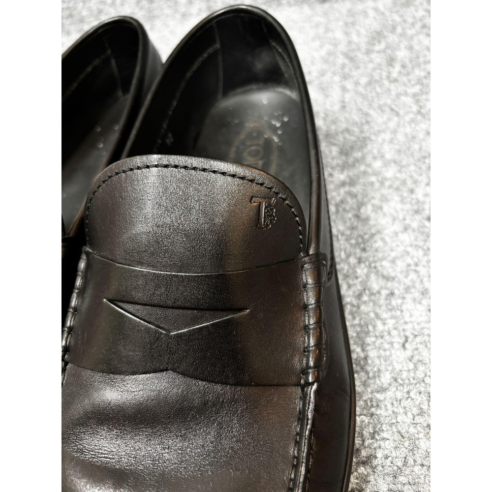Tods Mens Black Leather Penny Loafers Slip On Rubber Sole 12 Made in Italy - Picture 6 of 9